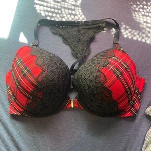 Lane Bryant Cacique red plaid and black lace front-close push-up bra 42DD